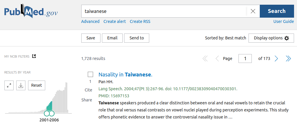 PubMed在2001-2006上找得到1728個論文使用Taiwanese